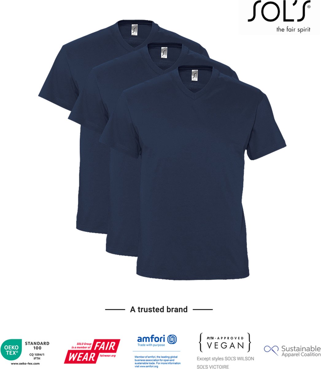 3 Pack SOLS V-hals, Heren T-Shirt 100% katoen V-hals, Donker Blauw, Maat XL