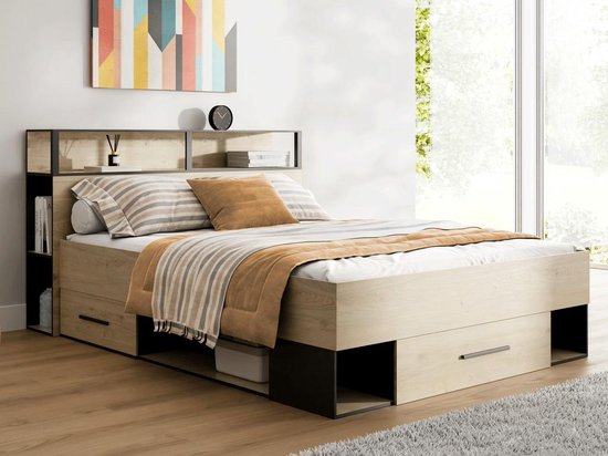 Bed met opbergruimte 140 x 190 cm - Kleur: naturel en zwart - NOALIA L 150.1 cm x H 95 cm x D 217.1 cm