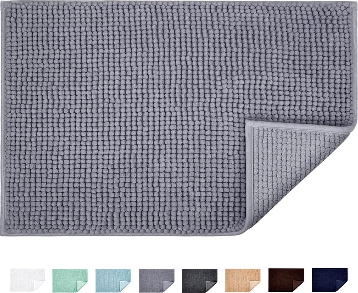 Tapis de Bain Antidérapant Absorbant Tapis de Salle de Bain pour Sortie de Douche Baignoire Toilette Cuisine en Microfibre Chenille Lavable en Machine 40 x 60 cm (Gris)