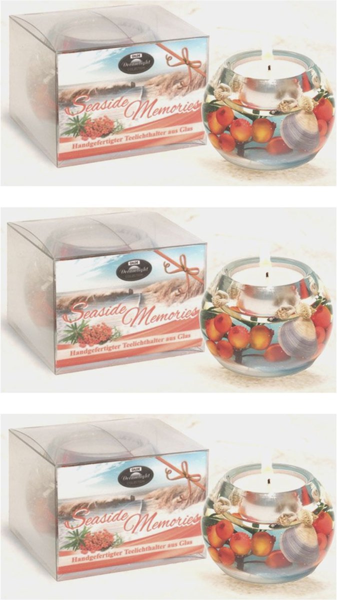 Set van 3 theelichthouders - Seaside Memories - handmade - zand / zee - oranje / wit