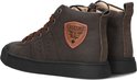 Achterkant donkerbruine Shoesme veterboot met veters, rode stiksels, perforaties en een patch met 'SHOESME Vintage'.