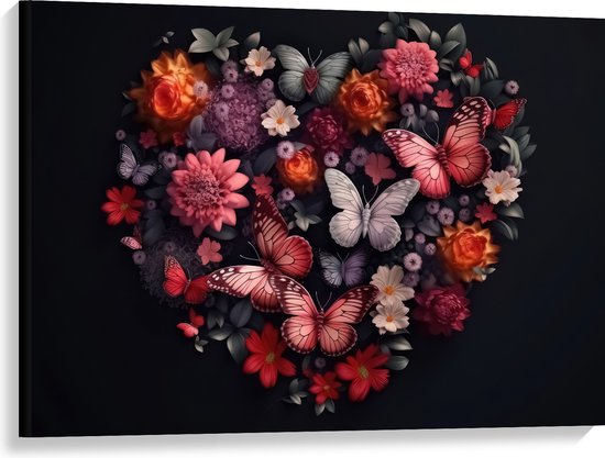 Canvas - Hart van Verschillende Bloemen en Vlinders tegen Zwarte Achtergrond - 100x75 cm Foto op Canvas Schilderij (Wanddecoratie op Canvas)