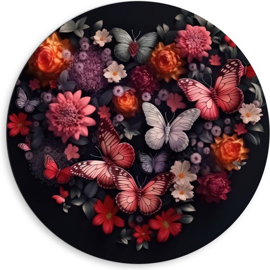 Dibond Muurcirkel - Hart van Verschillende Bloemen en Vlinders tegen Zwarte Achtergrond - 80x80 cm Foto op Aluminium Muurcirkel (met ophangsysteem)