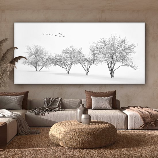 Canvas schilderij 160x80 cm - Wanddecoratie Bomen - Zwart wit - Natuur - Vogels - Muurdecoratie woonkamer - Slaapkamer decoratie - Kamer accessoires - Schilderijen op canvas