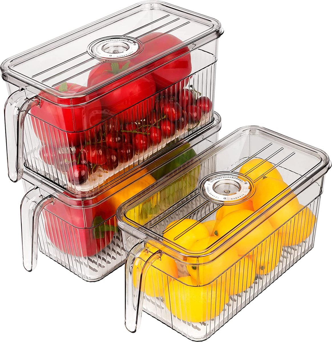 Koelkastorganizer, 3-delige set, koelkastopbergdoos, stapelbaar met deksel en handvat, opbergsysteem voor koelkast, groenten en fruit voor keuken, koelkast, kasten, BPA-vrij