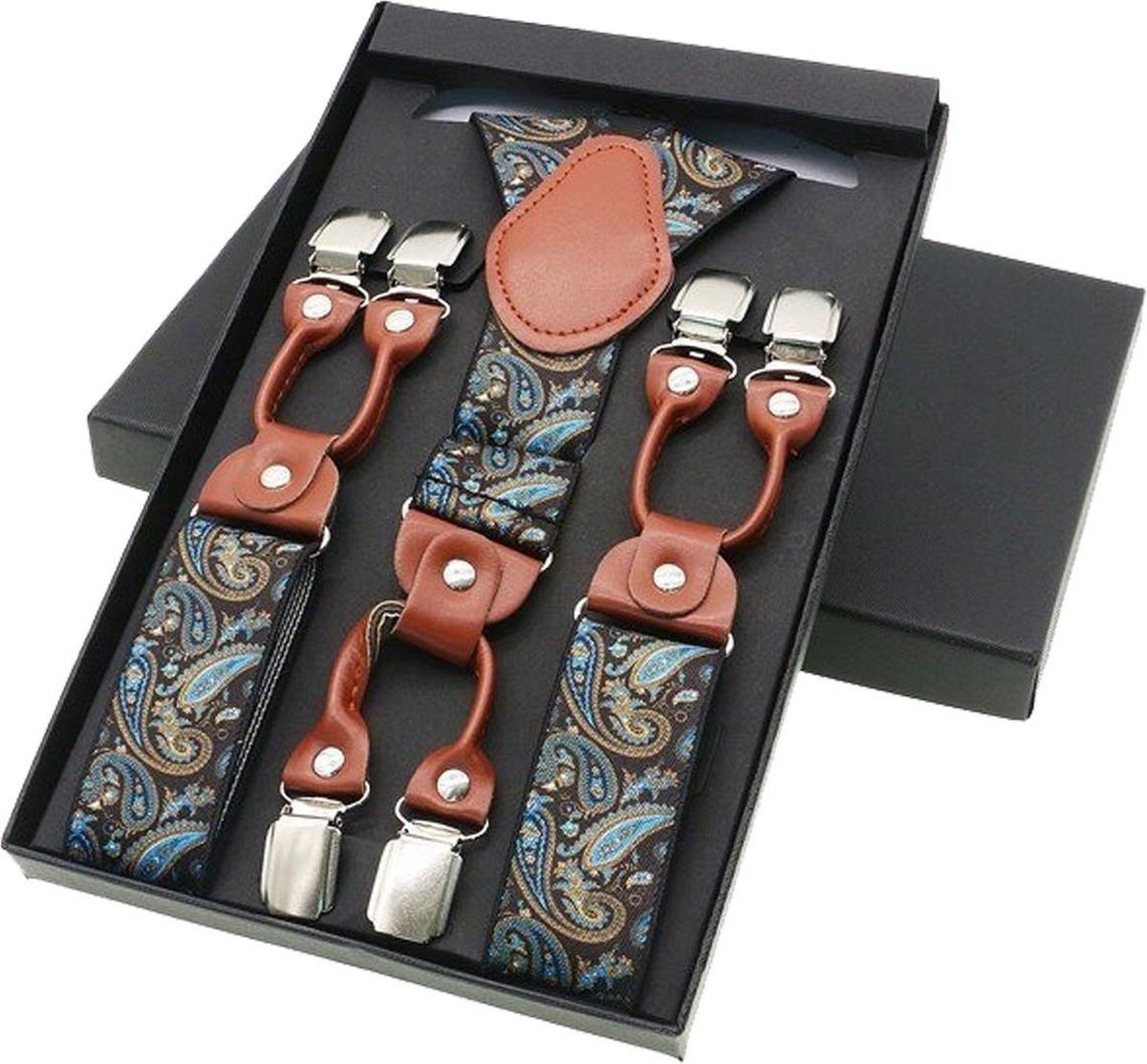 Chique moderne bretels - Zwart paisley dessin - middenbruin leer - 6 stevige clips - heren - unisex