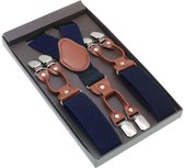 Luxe chique bretels - Donkerblauw effen dessin - midden bruin leer - 6 stevige clips - heren - unisex