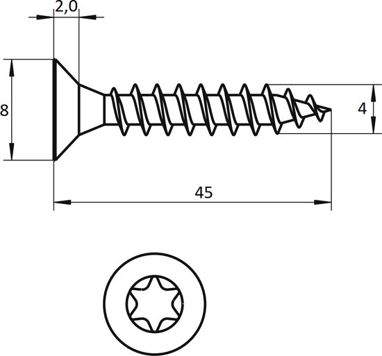 Vis pour aggloméré - 4,0x45mm - acier inoxydable 304 - Torx 20 - 100 pièces