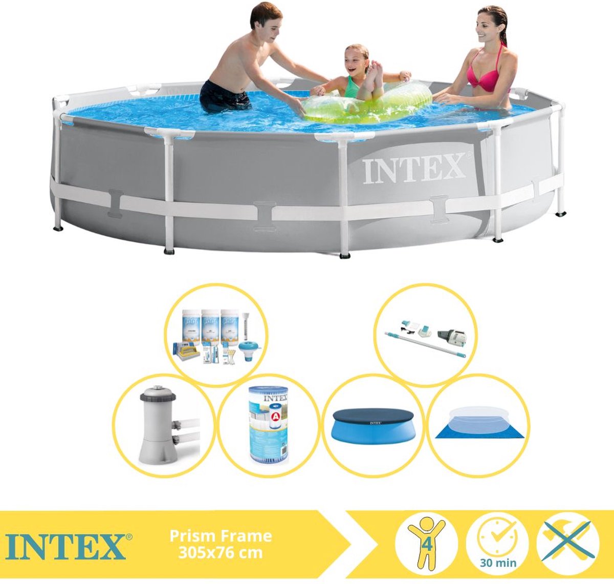 Intex Rond Prism Frame Zwembad - 366 x 76 cm - Grijs - Inclusief Pomp - Afdekzeil - Onderhoudspakket - Filter - Grondzeil - Stofzuiger - 7-delig