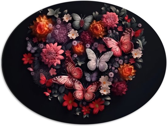 Dibond Ovaal - Hart van Verschillende Bloemen en Vlinders tegen Zwarte Achtergrond - 68x51 cm Foto op Ovaal (Met Ophangsysteem)