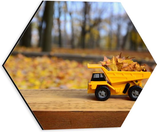 Dibond Hexagon - Gele Mini Kiepwagen Gevuld met Herfstbladeren in het Bos - 30x26.1 cm Foto op Hexagon (Met Ophangsysteem)