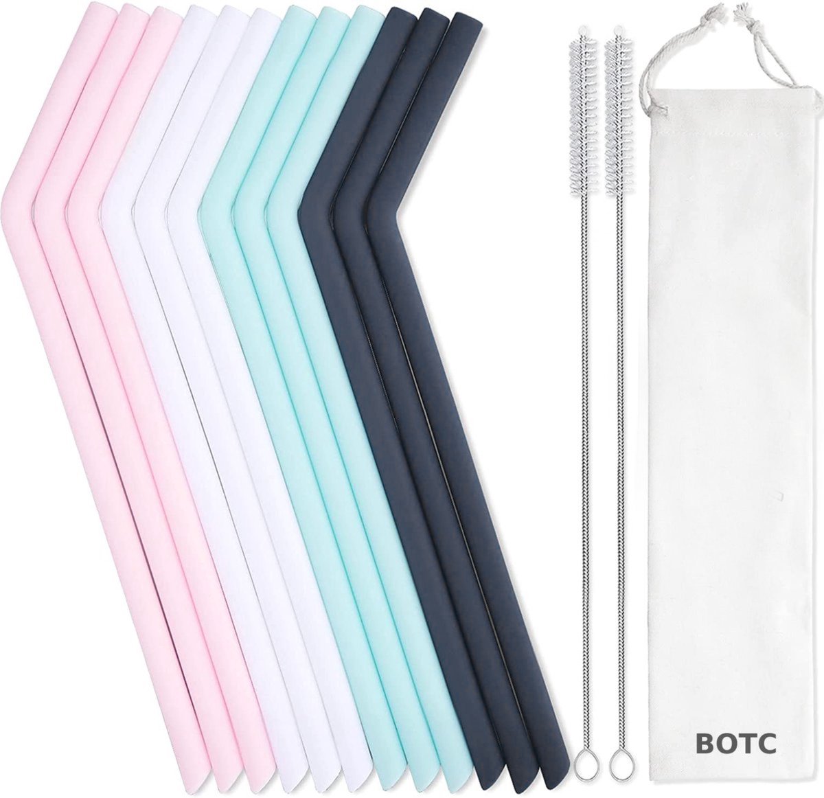 BOTC Siliconen Herbruikbare Rietjes - set van 12 stuks incl. 2 borstels - Herbruikbare - drinkrietjes - BPA vrij