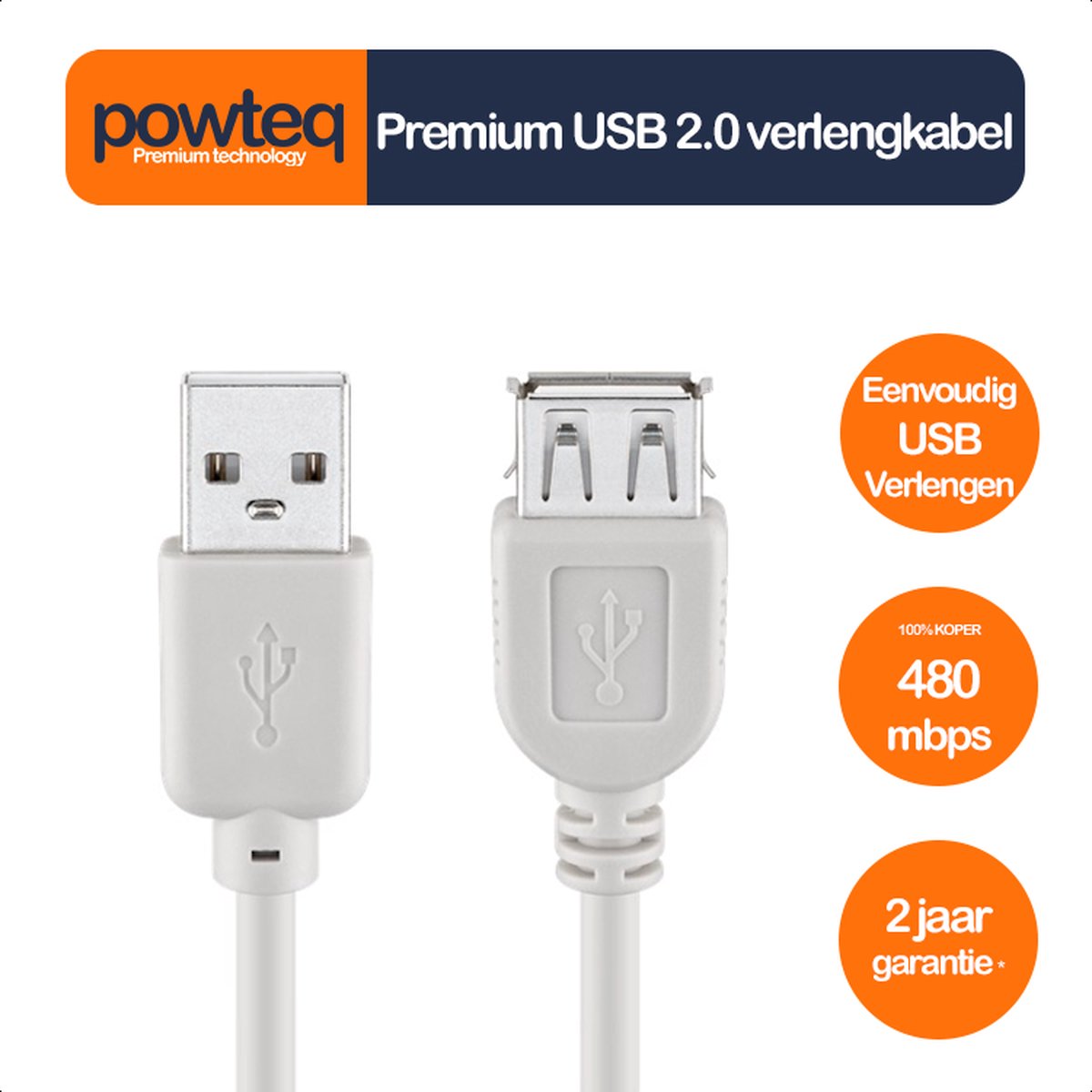 Powteq - 60 cm premium USB 2.0 verlengkabel - USB A male naar USB A female - Grijs