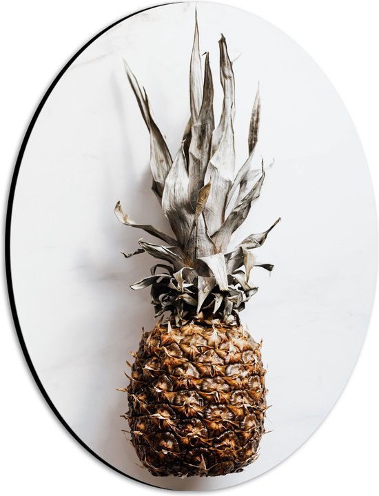 Dibond Ovaal - Ananas op Witte Achtergrond - 21x28 cm Foto op Ovaal (Met Ophangsysteem)