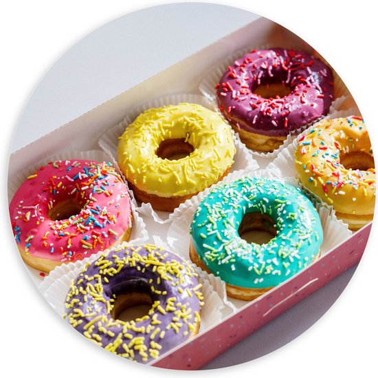 PVC Schuimplaat Muurcirkel - Gekleurde Donuts met Spikkels in Roze Doos - 100x100 cm Foto op Muurcirkel (met ophangsysteem)