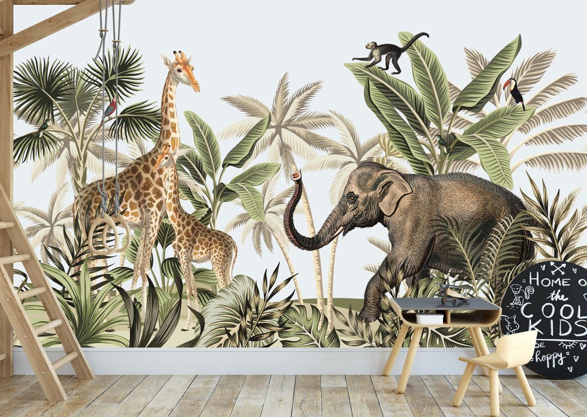 Designed4Kids - Behang kinderkamer - Wandvullend - jungle giraffe met jong- 350 breed x 260 hoog