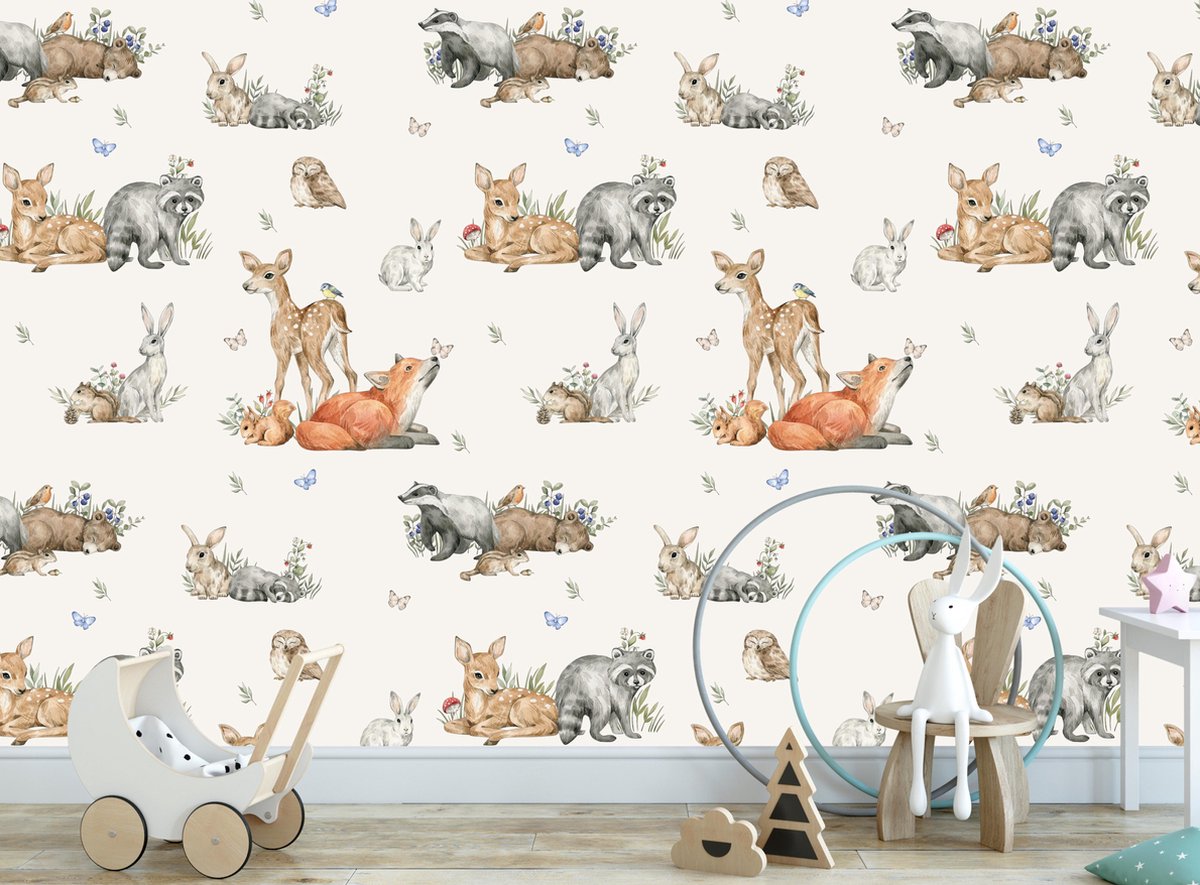 Designed4Kids - Behang kinderkamer - Wandvullend - bosdieren baby's- 420 breed x 260 hoog