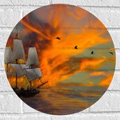 Muursticker Cirkel - Schilderij van Vogels boven Zeilschip met Dolfijnen en Kleurrijke Lucht - 40x40 cm Foto op Muursticker