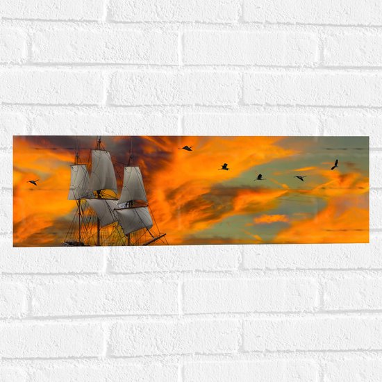 Muursticker - Schilderij van Vogels boven Zeilschip met Dolfijnen en Kleurrijke Lucht - 60x20 cm Foto op Muursticker