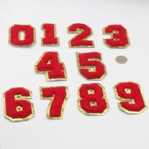 Set van 10 Nummers Patches "BASEBALL"met Gouden Randen van 0 tot 9 om op te strijken, Maat 8 x 5cm, kleur Goud/Rood