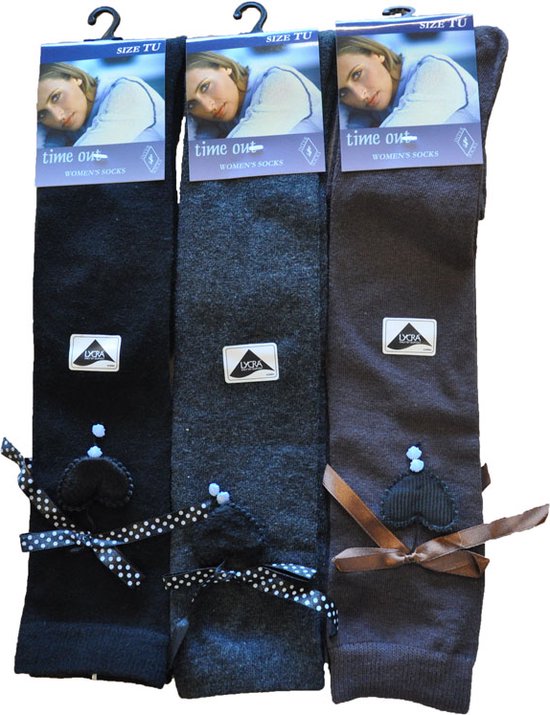 Dames kniekous - strik met hartje - 6 paar - one size - losse elastiek - 95% katoen - chaussettes socks