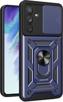 Hoesje met Camera Slider Geschikt voor de Samsung Galaxy A54 - Back Cover met Standaard - Uitklapbare Kickstand Ring - Beschermhoes TPU - Magneet voor Auto Houder Blauw