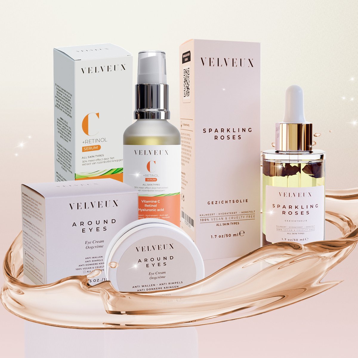Velveux Vitamine C & Retinol Serum + Oogcrème + Rozen Gezichtsolie - skincare - eye cream - gezichtsverzorging - Valentijn cadeautje voor haar vrouw