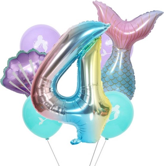 Mermaid Verjaardag Ballonnen - Verjaardag: 4 Jaar - 7st Ballonnen - Thema Feest Mermaid - Zeemeermin Kinderfeestje - Zeemeermin Verjaardag Decoratie