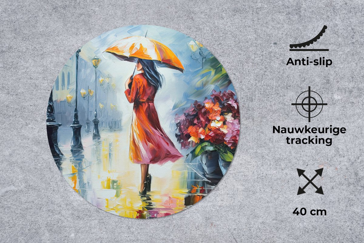 Muismat rond 40x40 cm - Mousepad Olieverf - Paraplu - Vrouw - Straat - Kunst - Ronde muismatten