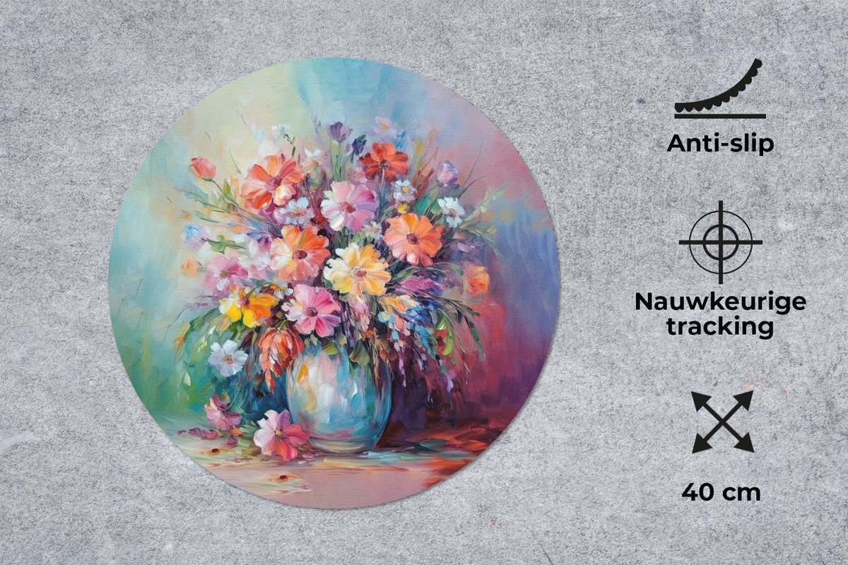 Muismat rond 40x40 cm - Mousepad Bloemen - Kunst - Schilderij - Lente - Boeket - Ronde muismatten