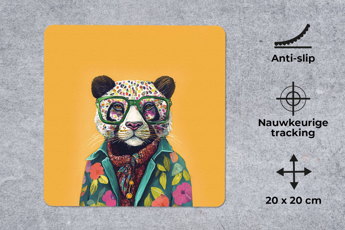 Muismat 20x20 cm - Mousepad Panda - Bril - Bloemen - Hippie - Muismatten