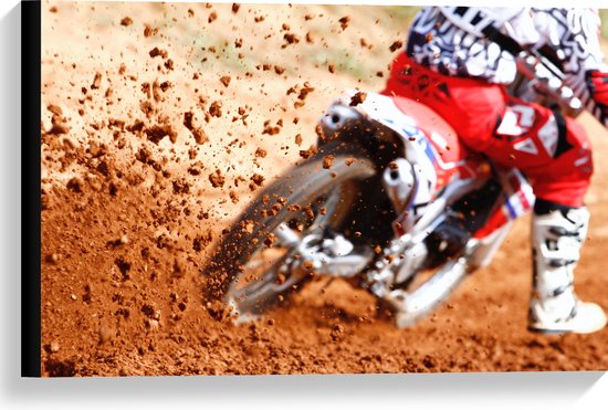 Canvas - Motorcrosser met Rood met Witte Motor door de Modder - 60x40 cm Foto op Canvas Schilderij (Wanddecoratie op Canvas)