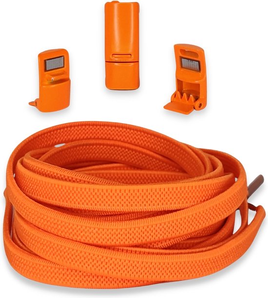 Agletless® Oranje Platte Elastische Veters Zonder Strikken 6mm - Magnetische Snelsluiting - 1 Paar - Kinderen & Volwassenen | One-Size-Fits-All