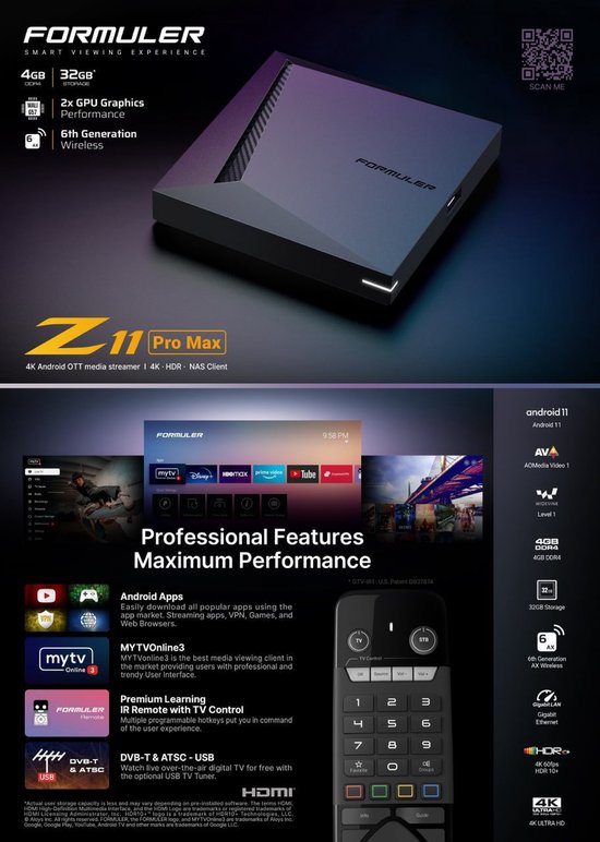 Unlinked Formuler Android Formuler Z11 Pro Max - Mediaspeler - Android 11 - 4GB RAM - WiFi 6 | bol