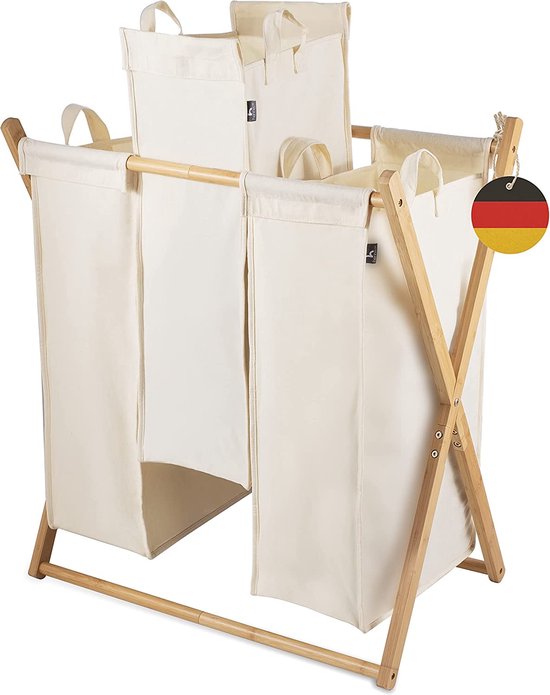 WohnDirect Wasmand met deksel en 2 compartimenten, stabiel, wit, met waszak, wasbaar, 100% bamboe, 150 liter