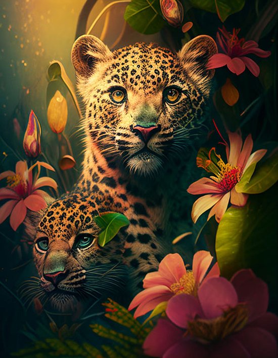 AI - Woondecoratie - Poster - Dieren - Tijgers - Bloemen en jungle - 50 - 50