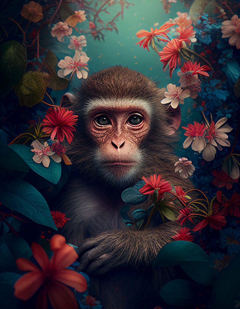 AI - Woondecoratie - Poster - Dieren - Aap- Bloemen en jungle - 55 - 40 x 50 cm