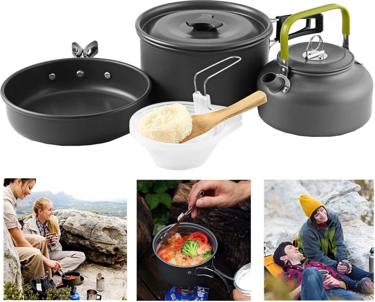 Odoland Kookgerei voor camping, 6-delige aluminium puinhoopset met antiaanbakpot, mini-fornuis, mok, bestek en opbergtas, ontwerp met hoog rendement warmtewisselaar Odoland Kookgerei voor camping, 6-delige aluminium puinhoopset met antiaanbakpot, mini-fornuis, mok, bestek en opbergtas, ontwerp met hoog rendement warmtewisselaar