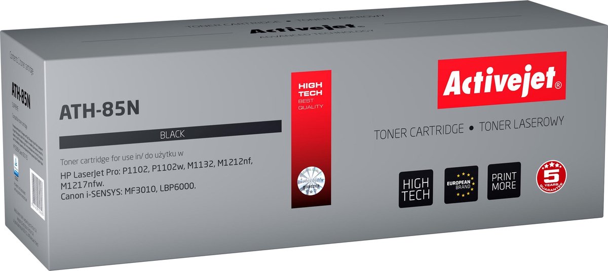 ActiveJet AT-85N toner voor HP-printer; HP 85A CE285A, CANON CGR-725 vervanging; Opperste; 2000 pagina's; zwart.