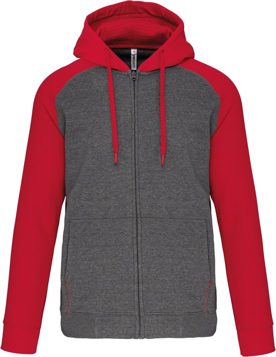 Tweekleurige hoodie met rits en capuchon 'Proact' Grey Heather/Red - XS