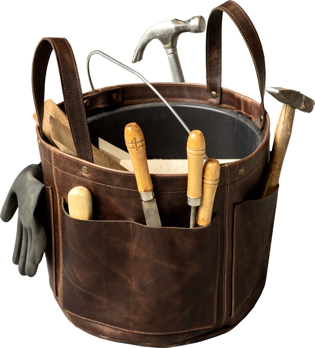 Bolster & Benefield - leren gereedschap emmer & oogstmand. organisator en sorteer handgereedschap - Bruin leer. lederen draaguitrusting voor in de werkplaats, studio of moestuin. Ideaal voor het opbergen van tuingereedschap.