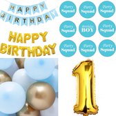 26-delige Happy Birthday decoratie set 1 met slingers, ballonnen en buttons licht blauw met goud - verjaardag - birthday - 1 - cakesmash - ballon - slinger - button