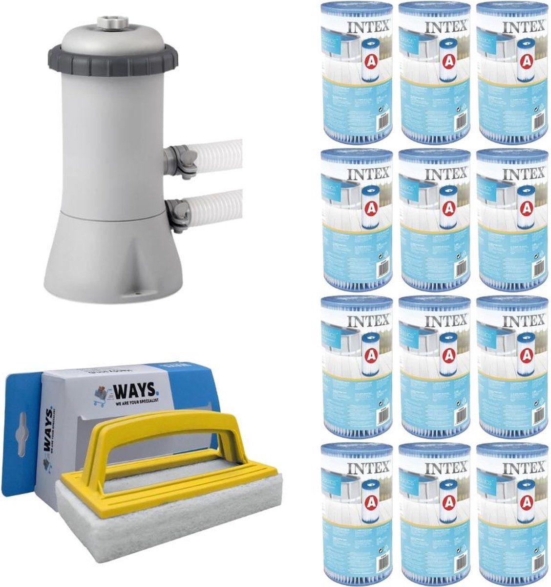 WAYS - Zwembad Onderhoud - Pakket Medium Deluxe & Filterpomp 5678 L/u & 12 Filters Type A