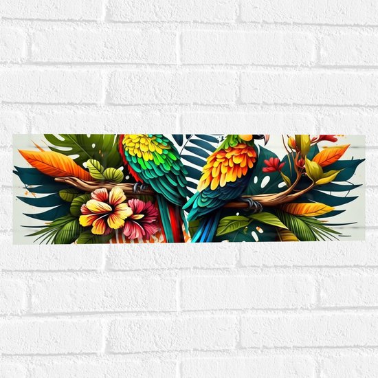 Muursticker - Kleurrijk Tafereel van Papegaaien omringd door Bloemen en Planten - 60x20 cm Foto op Muursticker