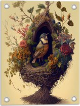 Tuinposter – Koolmees Vogel in het Nest Versierd met Bloemen - 30x40 cm Foto op Tuinposter (wanddecoratie voor buiten en binnen)
