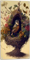 Tuinposter – Koolmees Vogel in het Nest Versierd met Bloemen - 50x100 cm Foto op Tuinposter (wanddecoratie voor buiten en binnen)