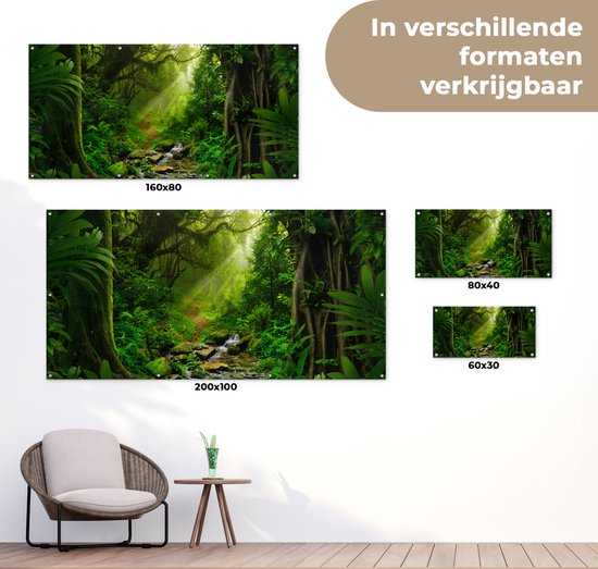 Poster jardin Jungle - Water - Feuilles - Soleil - Nature - 80x40 cm - Décoration murale Outdoor - Poster jardin - Toile jardin - Poster clôture - Tableau jardin