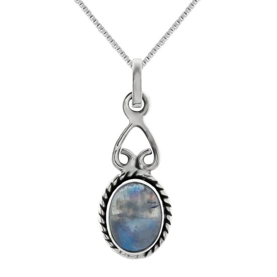 Zilveren ketting dames met hanger | Zilveren ketting, ovale maansteen met sierlijk omgekeerd hart