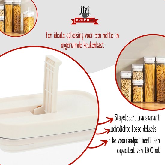 Bocaux de conservation Krumble - Set de 4 - 1300 ml - Conservation des Aliments - Bocaux de Conservation - Couvercle Hermétique - Boîtes de Bidons alimentaires - Boîte Fraîcheur - Passe au Lave-Vaisselle - Plastique - Transparent - Beige