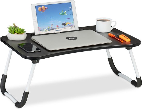 Table d'ordinateur portable Relaxdays avec support de tablette - noir - barre pliante - table de lit - canapé de table de tour